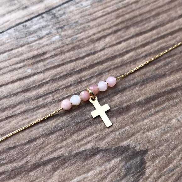 Beaded Cross necklace, gold, Easter gift, Christian gift, minimalist, gemstone, - Picture 1 of 6
